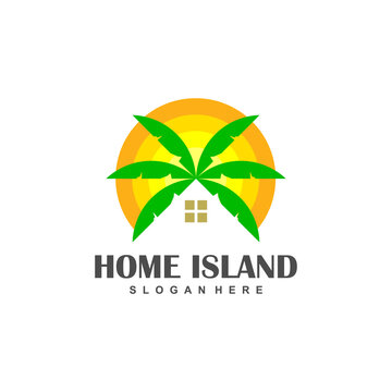 simple house with palm tree logo vector, tropical island beach home or hotel icon design illustration