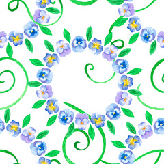 Violet wreath seamless pattern. Pansies. Watercolor illustration. Isolated on a white background.