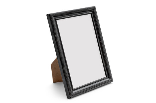 Plastic frame for photo with stand on white background.
