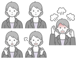怒る表情の強弱　スーツの高齢女性