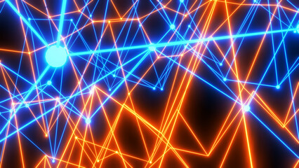 Abstract technology background with neon glowing lines on black, orange blue striped sci fi  3D render background.