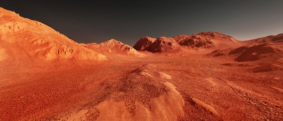 Mars planeet landschap, 3d render van denkbeeldige Mars planeet terrein, oranje geërodeerde woestijn bergen, realistische science fiction illustratie.