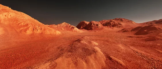 Küchenrückwand glas motiv Rouge 2 Mars-Planetenlandschaft, 3D-Darstellung von imaginärem Mars-Planetengelände, orange erodierte Wüstenberge, realistische Science-Fiction-Illustration.
