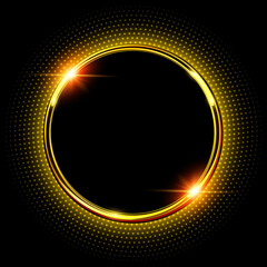 Gold sparkling ring with glitter on black background. Vector shiny button with golden halftone, dots pattern around, vector illustration.