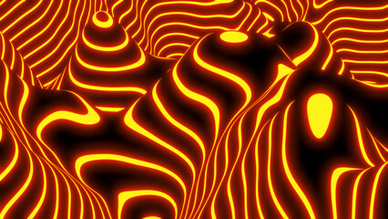 Abstract neon glowing background, 3D orange lines  on black - virtual reality concept, interesting striped modern technology and science design, 3D render illustration.
 - obrazy, fototapety, plakaty