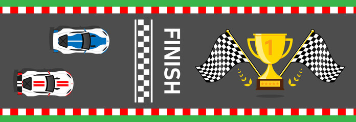 Racing cars at finish line trophy win racing flags wave