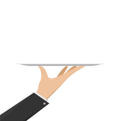 Serving food icon. Sign hand of waiter with serving tray. Waiter serving