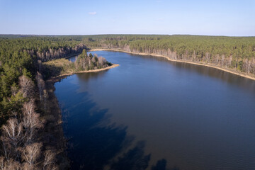 River, forest, natural environment from a bird's eye view in the morning. Low flying under trees, wildlife and nature in beautiful weather conditions.