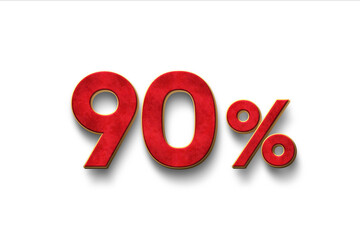 Red text, 90% off isolated on white background. Off 90 percent. Sales concept. 3d illustration.