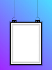 Realistic vertical hanging picture frame isolated on blue background. Blank hanging frame template. Empty hanging photo frame mockup.