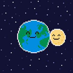 colorful simple vector flat pixel art illustration of cartoon cute hug planet earth and moon