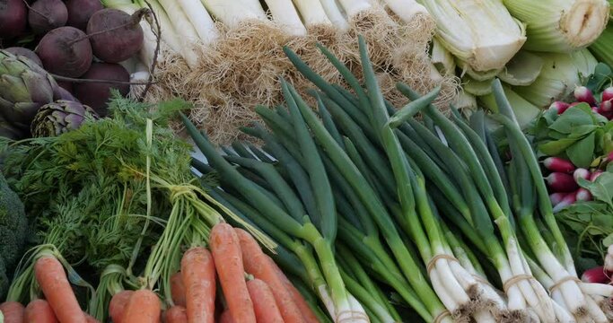 Fresh vegetables on stalls in a southern France market.