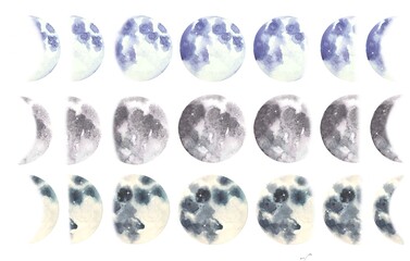 Watercolor Set of moon phases. Hand drawn watercolor illustration.