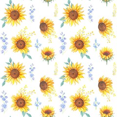 Watercolor sunflowers seamless pattern on white background