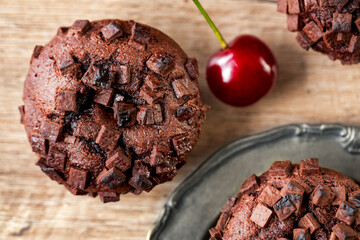 close up dark chocolate muffins.