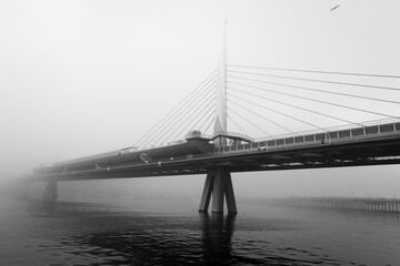 foggy morning in istanbul- estuary and metro bridge