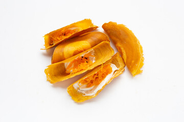 Thai crispy pancakes on white background.