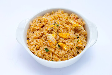 Fried rice in white bowl on white background.