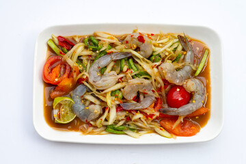 Papaya salad with shrimp in white plate