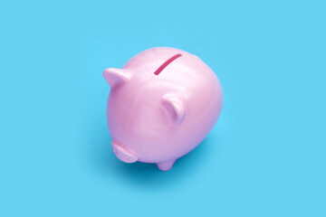 Pink piggy bank on blue background.