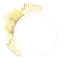 Leaves of tropical plants with round frame. Vector gradient illustration golden on a white background.