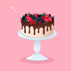 Birthday cake on a stand. Bright, colorful birthday cake decorated with berries and melted chocolate. Flat vector illustration in cartoon style.