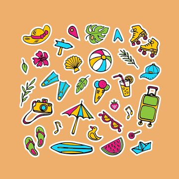 Summer symbols. Hand drawn clipart collection. Social media, vlog, blog sticker collection on vacation theme