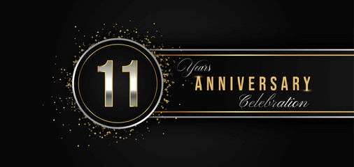 11 Year Anniversary Celebration with Silver and Gold Color for Celebration Events, Wedding, greeting card, birthday party, and Invitation Isolated on Black Background. 11 Years Anniversary Logotype