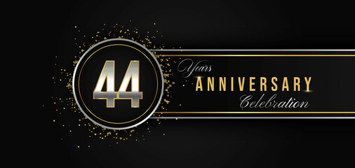 44 Year Anniversary Celebration with Silver and Gold Color for Celebration Events, Wedding, greeting card, birthday party, and Invitation Isolated on Black Background. 44 Years Anniversary Logotype