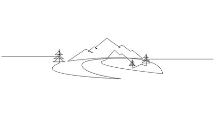 Mountain landscape with river and fir-trees. Minimalistic continuous one line drawing. Travel graphics. Vector illustration. Black on white.