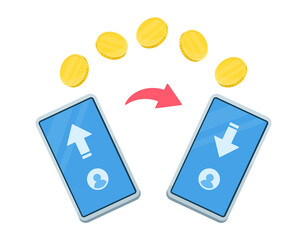 オンラインで送金するイラスト. モバイルフォンでの個人間でのお金のやり取り. 電子マネーの取引. © Niko