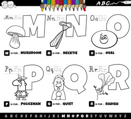 educational alphabet letters cartoon set from M to R coloring book page