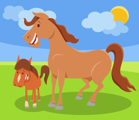 funny cartoon horse farm animal character with colt