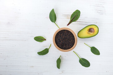 Quinoa with greens and antioxidant avocado for breakfast, healthy snack