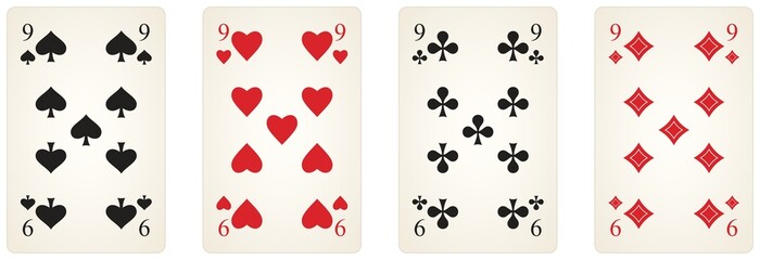 Spielkarten Symbol Vektor Set mit der Zahl neun in schwarz und rot. Herz, Kreuz, Pik und Karo Illustration. Weißer isolierter Hintergrund. - obrazy, fototapety, plakaty