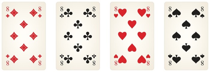 Spielkarten Symbol Vektor Set mit der Zahl acht in schwarz und rot. Herz, Kreuz, Pik und Karo Illustration. Wei&szlig;er isolierter Hintergrund.