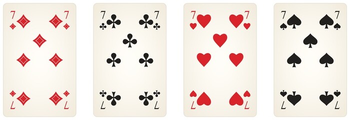 Spielkarten Symbol Vektor Set mit der Zahl sieben in schwarz und rot. Herz, Kreuz, Pik und Karo Illustration. Weißer isolierter Hintergrund.