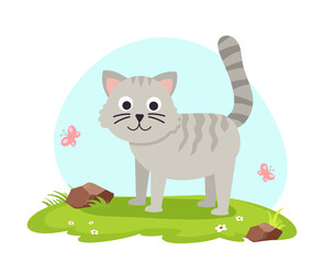 Cute and funny cat on summer landscape. Cute domestic animal or pet cartoon character on a grass. Adorable grey kitty isolated on white background. Hand-drawn colored cat flat vector illustration