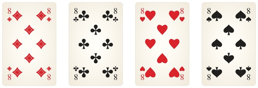 Spielkarten Symbol Vektor Set mit der Zahl acht in schwarz und rot. Herz, Kreuz, Pik und Karo Illustration. Wei&szlig;er isolierter Hintergrund.