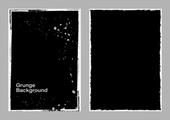 Grunge monochrome abstract background vector set. Ink brush splash, black and white frame collection. Rough grimy color pattern, rectangle border banner. Dirty paint texture art backdrop illustration.