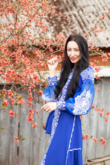 Beautiful slavonic girl with long brunette hair in blue dress. Traditional clothes of Ukrainian region. 