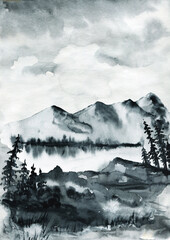 Camping in the mountains. Watercolor landscape,Mountain ,adventure,Traveling.Camping into the wild hand drawing watercolor	