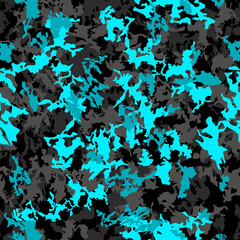 Vector camouflage seamless pattern. Abstract hunting military camo endless texture. Black grey acid cyan blue modern illustration - obrazy, fototapety, plakaty