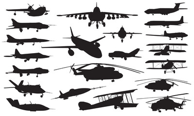 Vector silhouettes of military avia aircraft, jet, helicopter, plane, biplane © FedBul