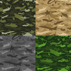 Vector camouflage avia seamless pattern set. Military camo endless texture from jet, aircraft, helicopter, plane, biplane silhouettes. Classic khaki green black grey brown olive modern illustration