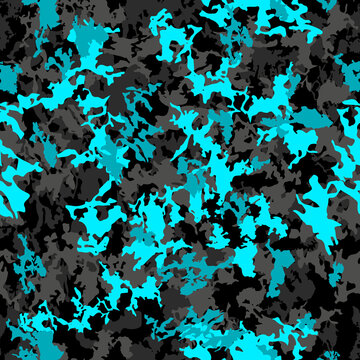 Vector camouflage seamless pattern. Abstract hunting military camo endless texture. Black grey acid cyan blue modern illustration