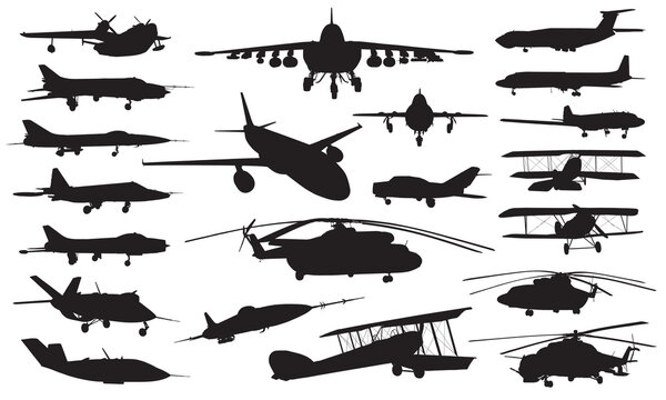Vector silhouettes of military avia aircraft, jet, helicopter, plane, biplane