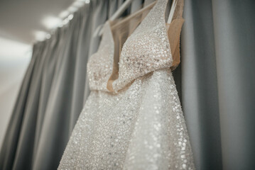 Wedding dresses with blank label stock photo.