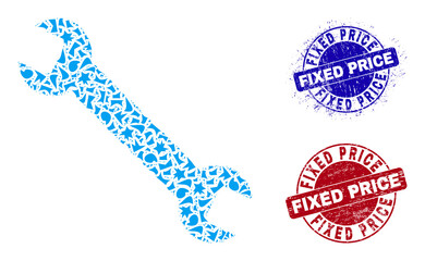 Round FIXED PRICE textured stamp seals with caption inside round forms, and debris mosaic wrench icon. Blue and red seals includes FIXED PRICE caption. Wrench mosaic icon of shards elements.