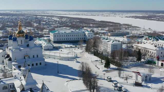 Tobolsk in winter. Tobolsk Kremlin - the sole stone fortress in Siberia. Aerial view.